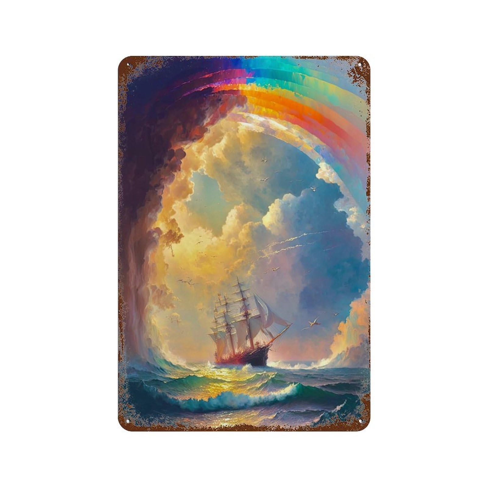 Ocean Storm with Rainbow Rust Effect Tin Sign 11.8"x7.9", Retro Wall Decor for Pub, Kitchen And Man Cave Decor