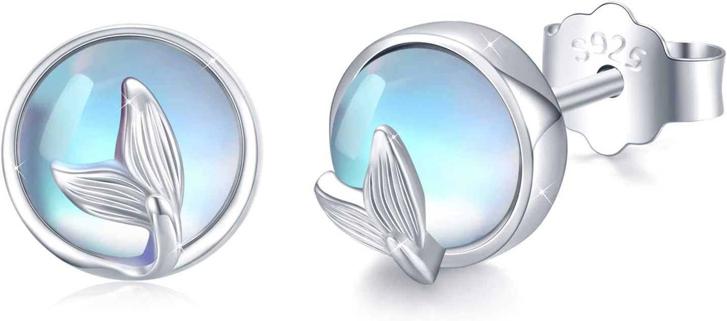 MEDWISE Mermaid Tail Moonstone Stud Earrings Jewelry Gifts 925 Sterling Silver Ocean Sea Whale’s Tail Earrings Moonstone Fishtail Stud Earrings for Women Ladies Girrls