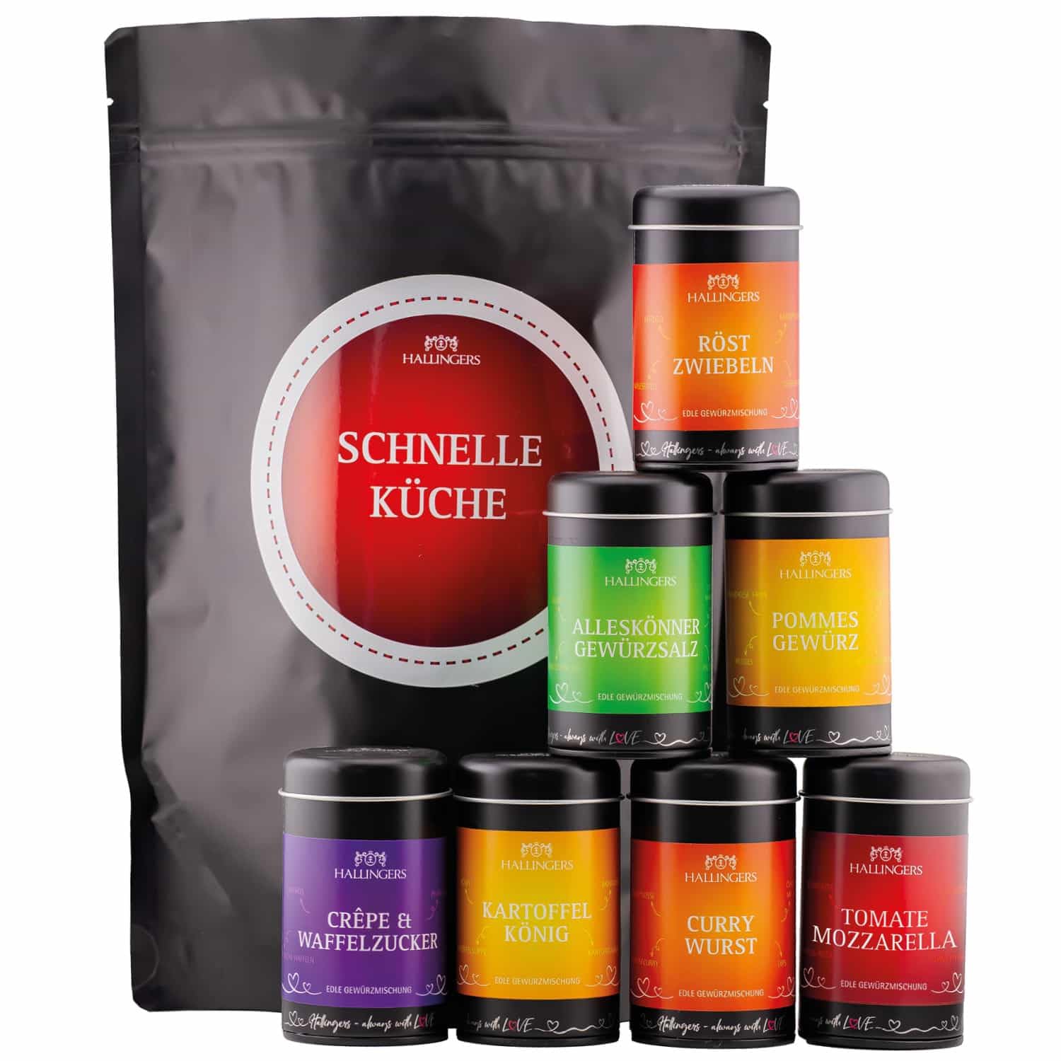 Hallingers Genuss Manufaktur Gewürz Geschenk-Set - Selektion unserer Besteller als Probierset in edlen Aromadosen & Tragetasche "Schnelle Küche", Geschenkidee für Frauen Männer