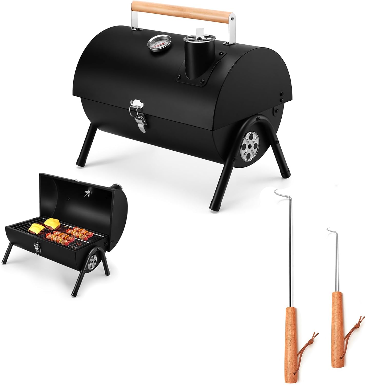 Joyfair Portable Charcoal Grill with Thermometer & Pigtail Food Flipper Set of 2, Small Tabletop Barbecue Grill for Outdoor Camping, Stainless Steel Meat Hook & Turner Grill Tools for Kitchen Frying