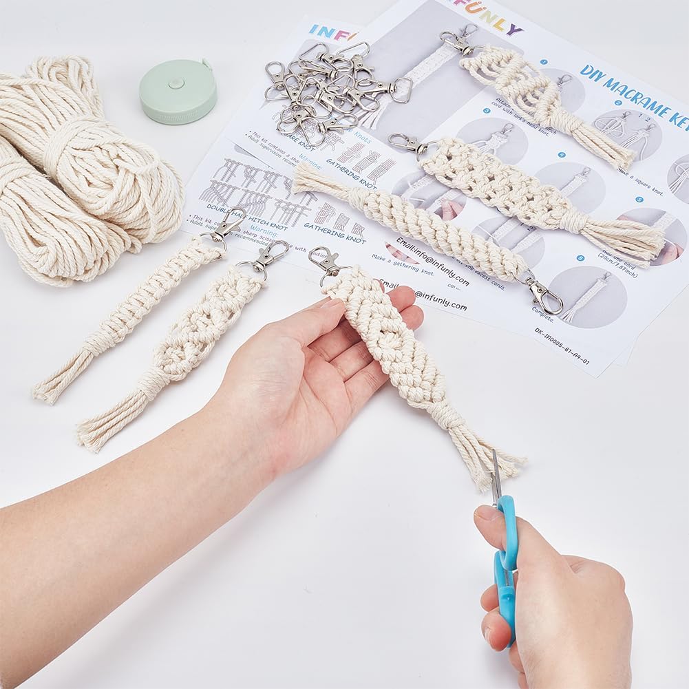 INFUNLY 10 Sets DIY Macrame Keychain Kit for Adults Boho Macrame Wristlet Keychain Kit Handmade Macrame Tassel Keyring Kit with Instruction for Beginners Car Key Charm Women Gift Phone Wallet