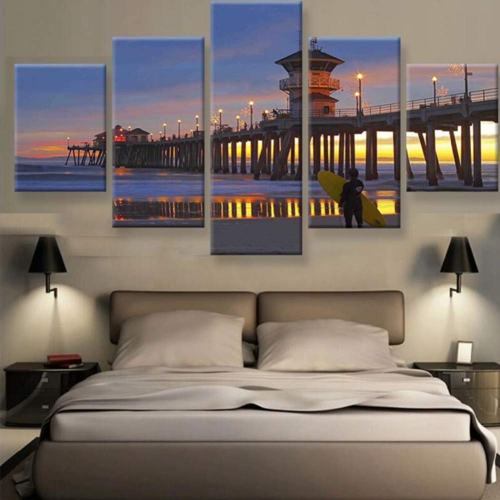 Amazon.com: 5 Paintings 5 Piece Canvas Painting Huntington Beach Pier  Sunset Surfers View Landscape Wall Art Home Decor: Posters & Prints