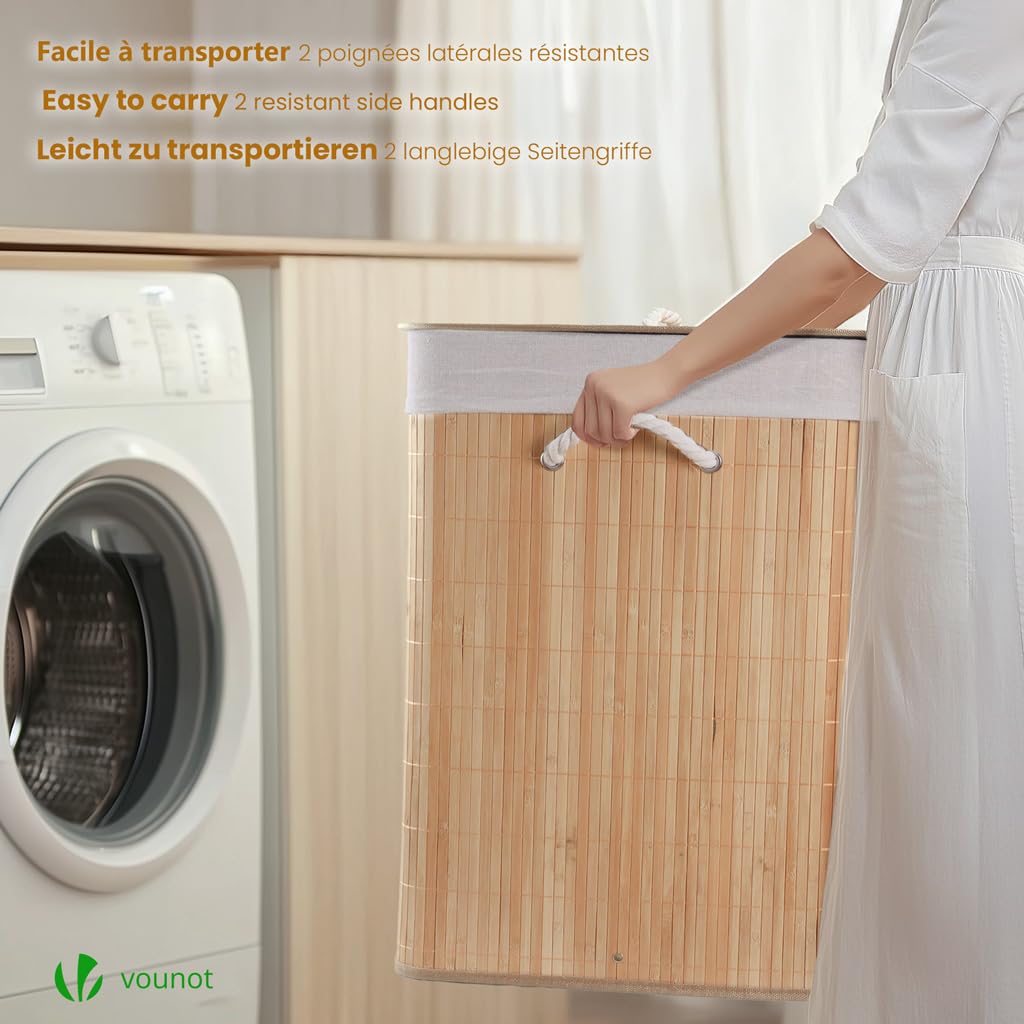 VOUNOT® Cesto Portabiancheria Rettangolare in Bambù 150L, Cesto Pieghevole per Panni Sporchi con Coperchio, Manici e 2 Borse Rimovibili a 3 Scomparti, per Bagno, Lavanderia e Camera da Letto, Naturale