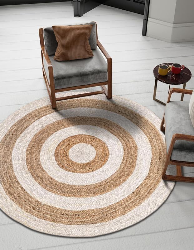 Tapis en jute tressé main bohème blanc cassé 300x300cm pour cuisine