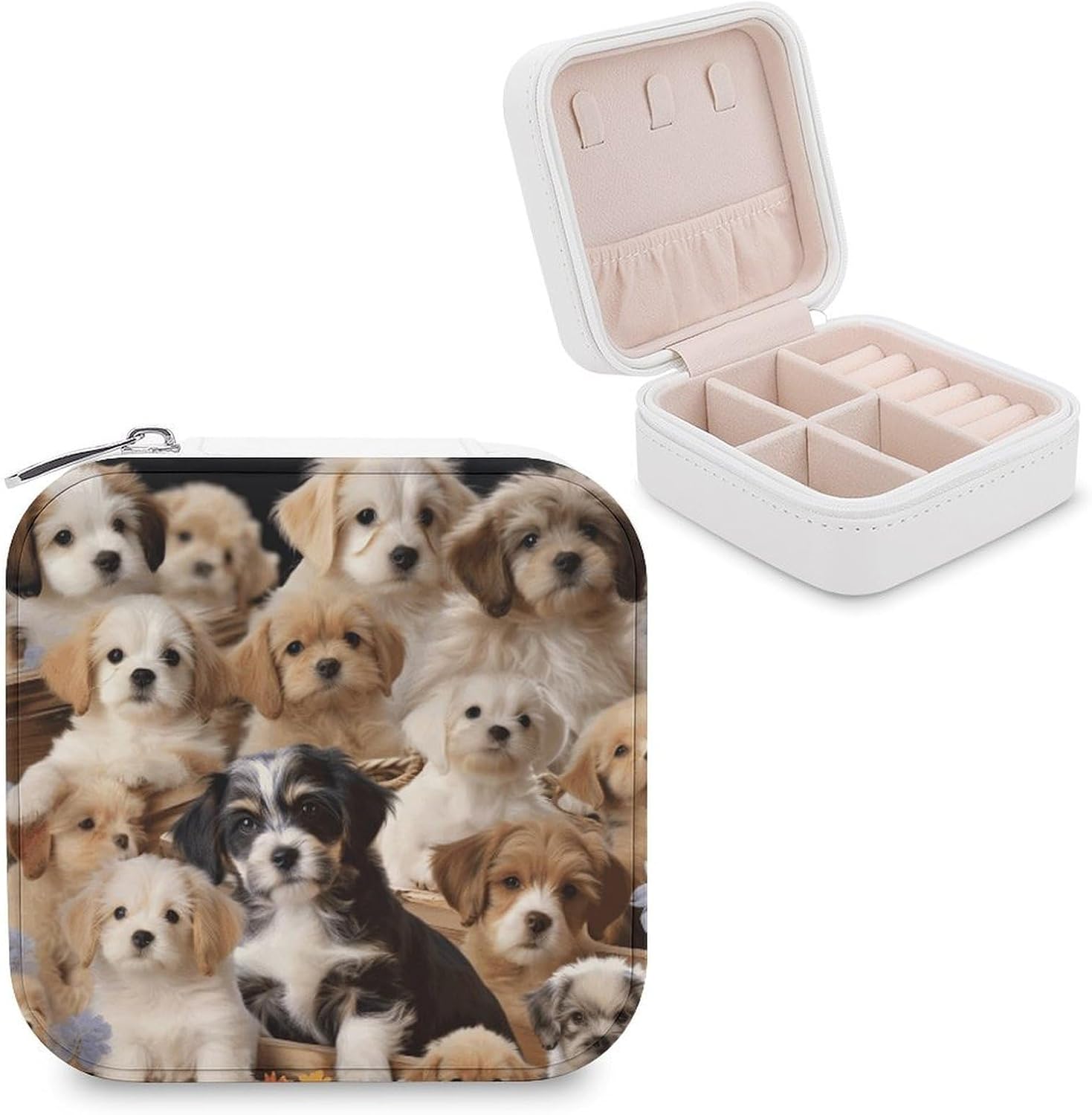 Jewelry Box for Women - PU Leather Small Jewelry Organizer Box with Zipper, Cute Pet Dogs Mini Travel Case Storage Holder Boxes for Earrings Rings Necklaces Bracelets