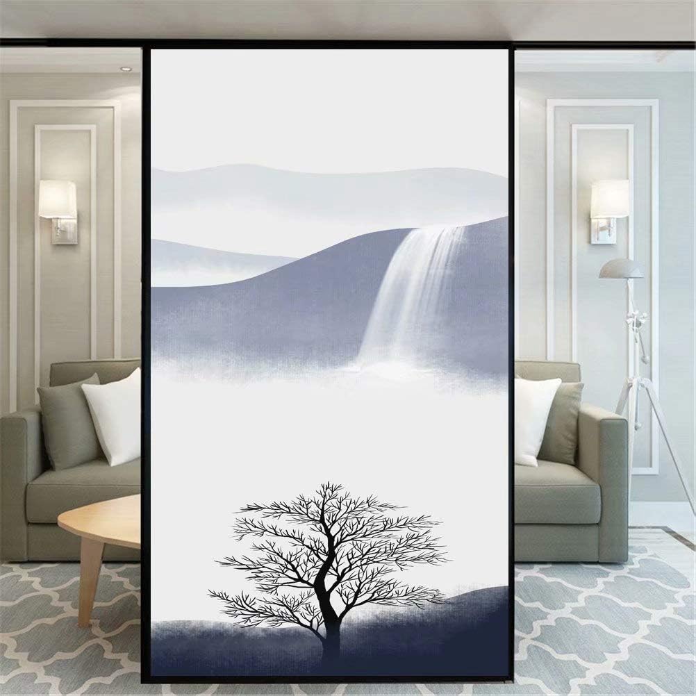 No Glue Decorative Privacy Frosted Window Film Waterfall and Tree Pattern Glass Door Window Covering Window Decals Window Sticker for Home Office 80x140cm(31.5"x55.1")