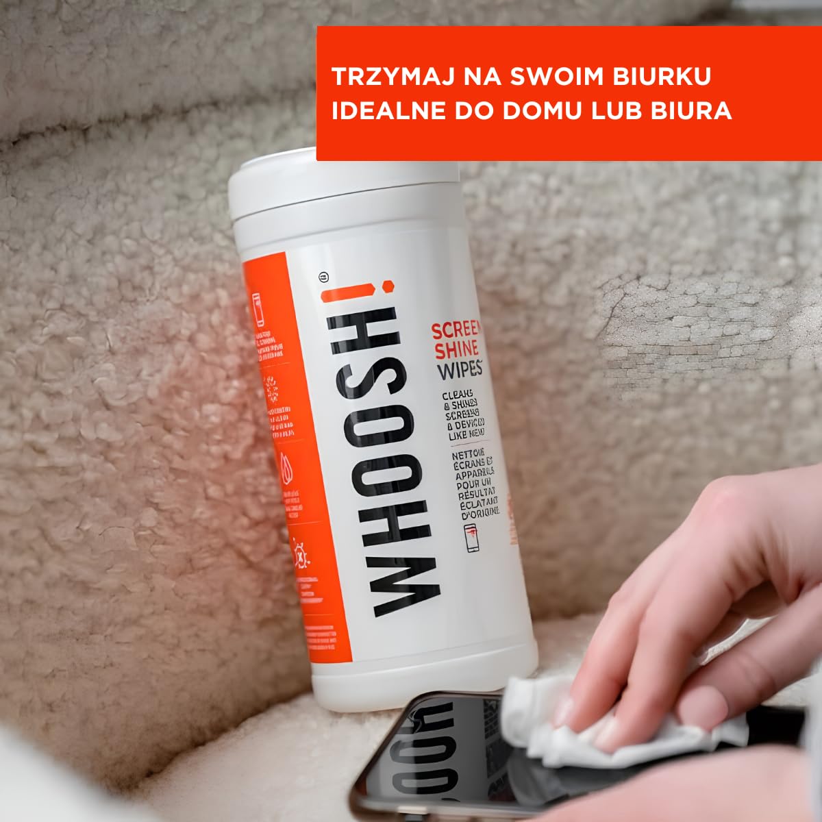 WHOOSH! Chusteczki do Czyszczenia Ekranu 70 szt., Bez Alkoholu, Bez Smug, TV OLED, Laptop, Smartfon, Okulary, Ściereczka Microsuede Gratis