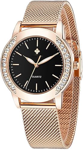 SENRUD Relojes de moda para mujer, reloj de pulsera de malla de acero inoxidable de oro rosa, elegante, regalo para mujer, reloj de pulsera