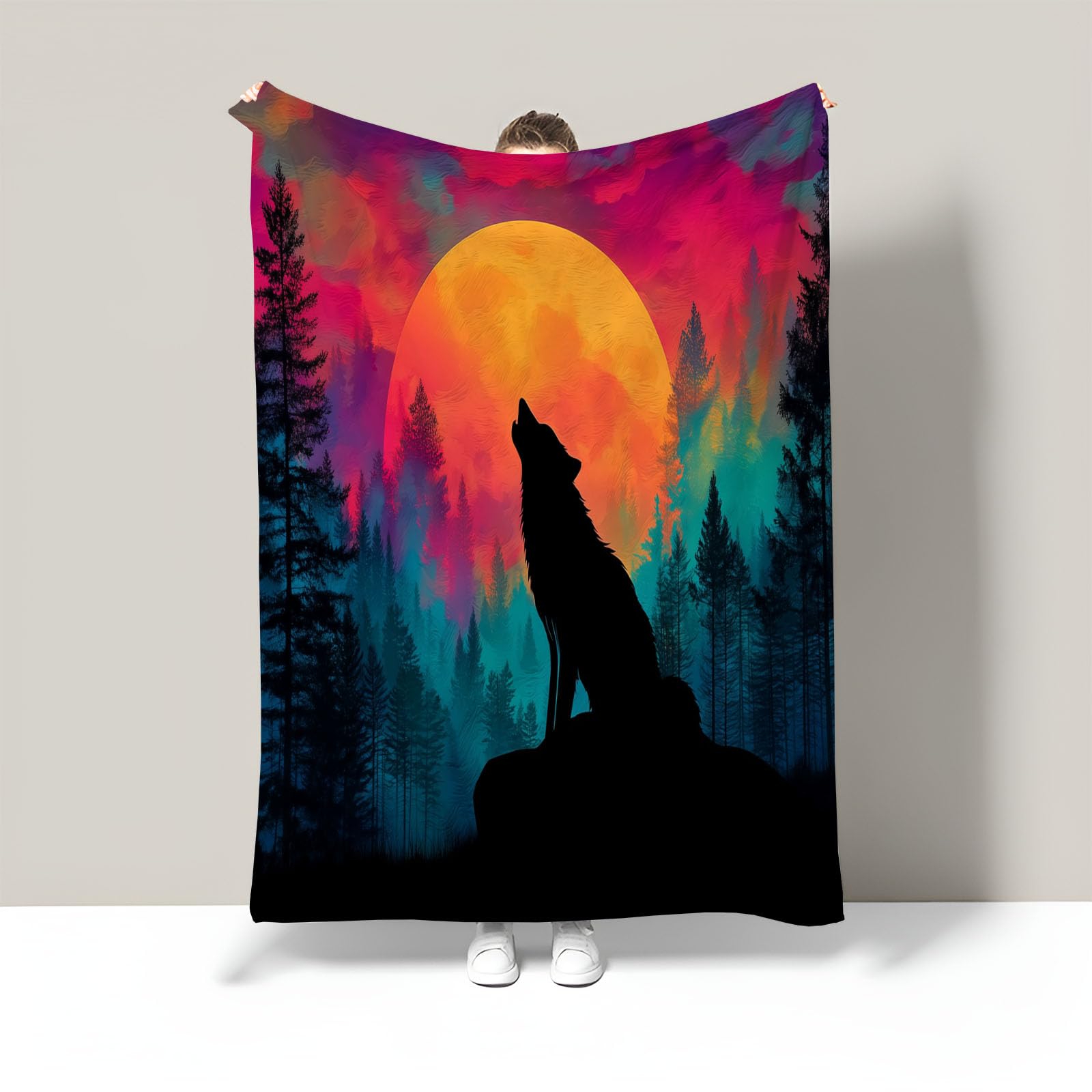 Couverture Décorative Douce Ciel Coloré et Loups de Bohême