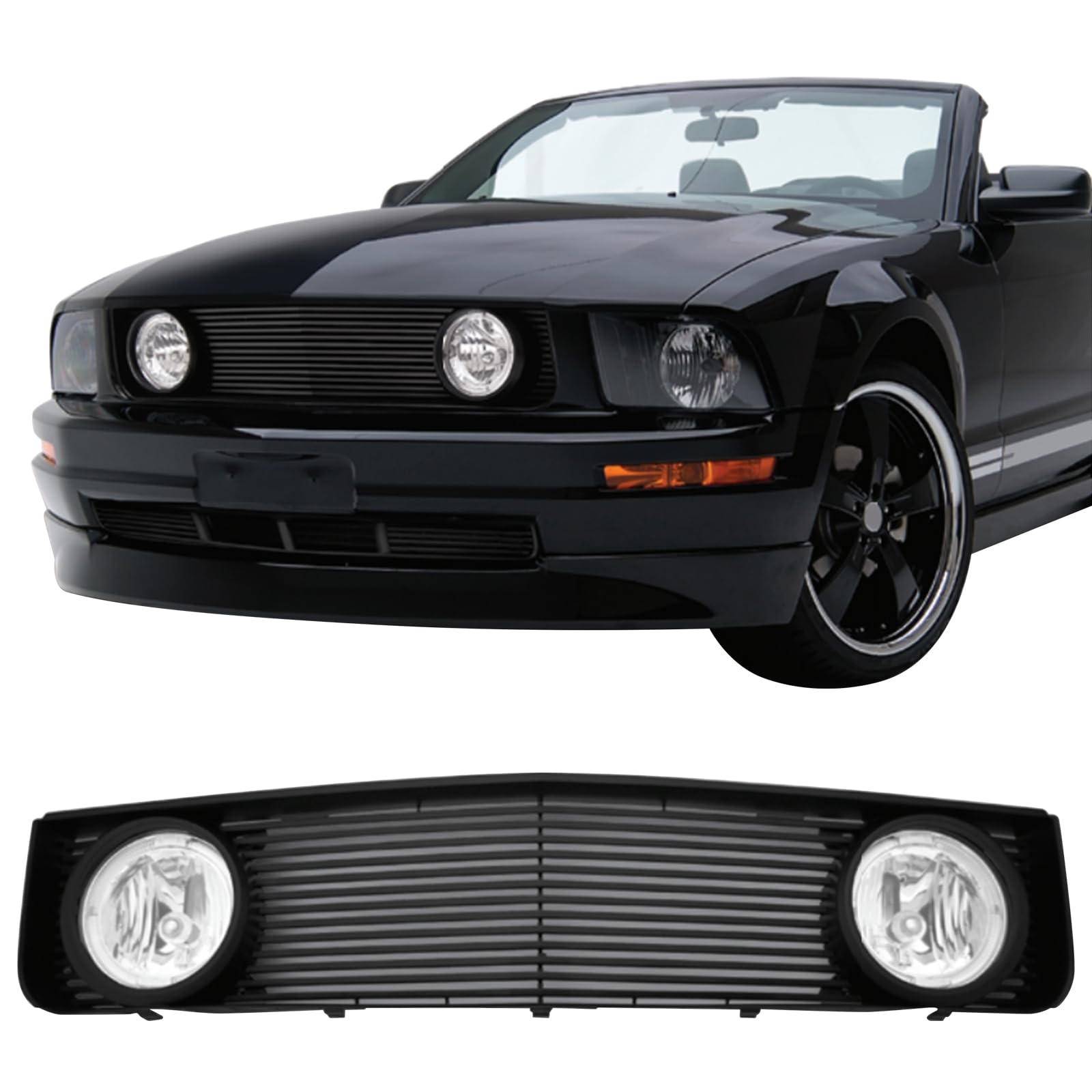 Fit 2005-2009 Ford Mustang V6 & GT Front Upper Grille Billet Style | IKON MOTORSPORTS, Black ABS Plastic Replacement Front Bumper Hood Grill with Lights 2PCS