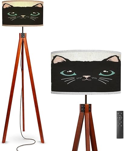 Lámpara de pie de gato con patas de madera maciza, moderna lámpara alta con trípode con pantalla de lino para sala de estar, dormitorio, oficina