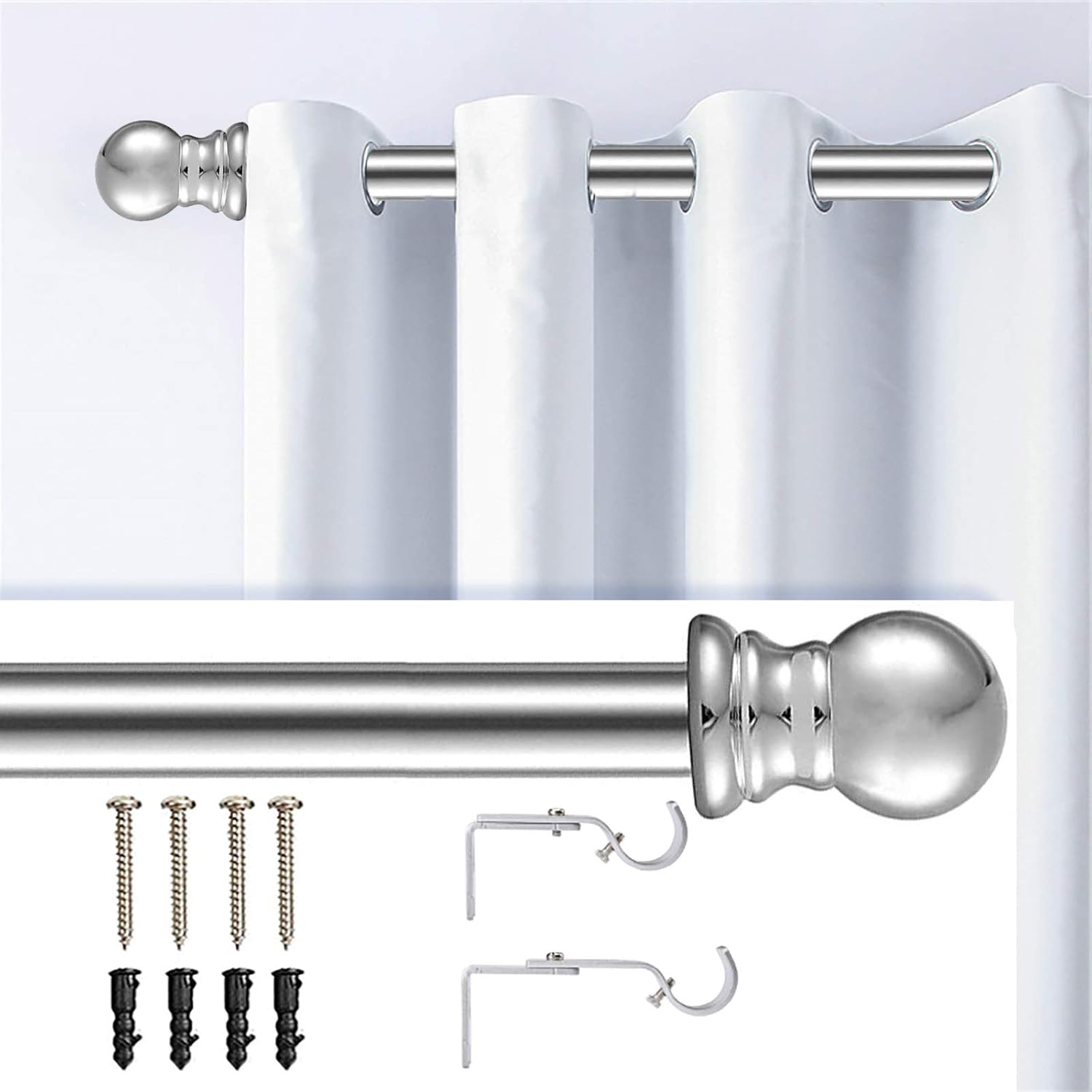 Curtain Rods for windows,Window Single Curtain Rod Set with Finials 30-44" Adjustable Curtain Rod Decorative Window Curtain Rod for Kitchen Bedroom Window Silver: Home Improvement