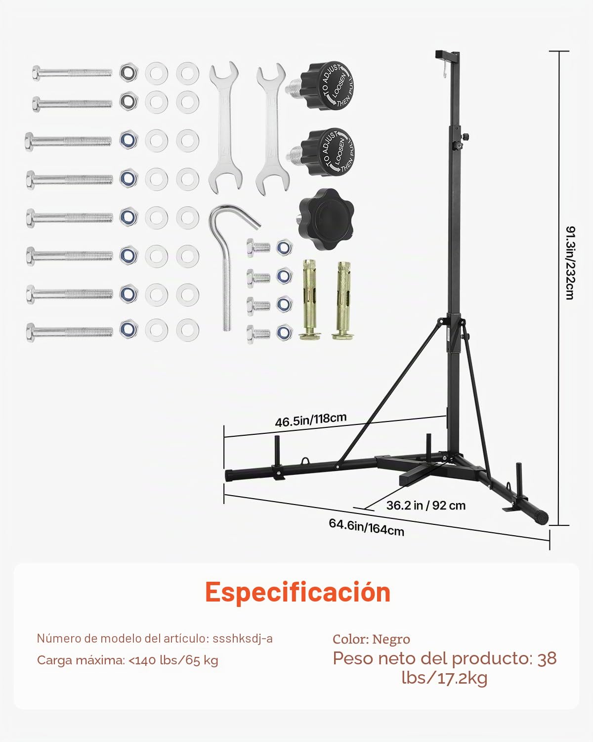VEVOR Soporte para Saco de Boxeo con Marco de Acero Soporta hasta 65 kg Soporte a Saco de Arena Independiente con Base con Peso Equipo de Entrenamiento para Gimnasio en Casa, 118 x 118 x 232 cm