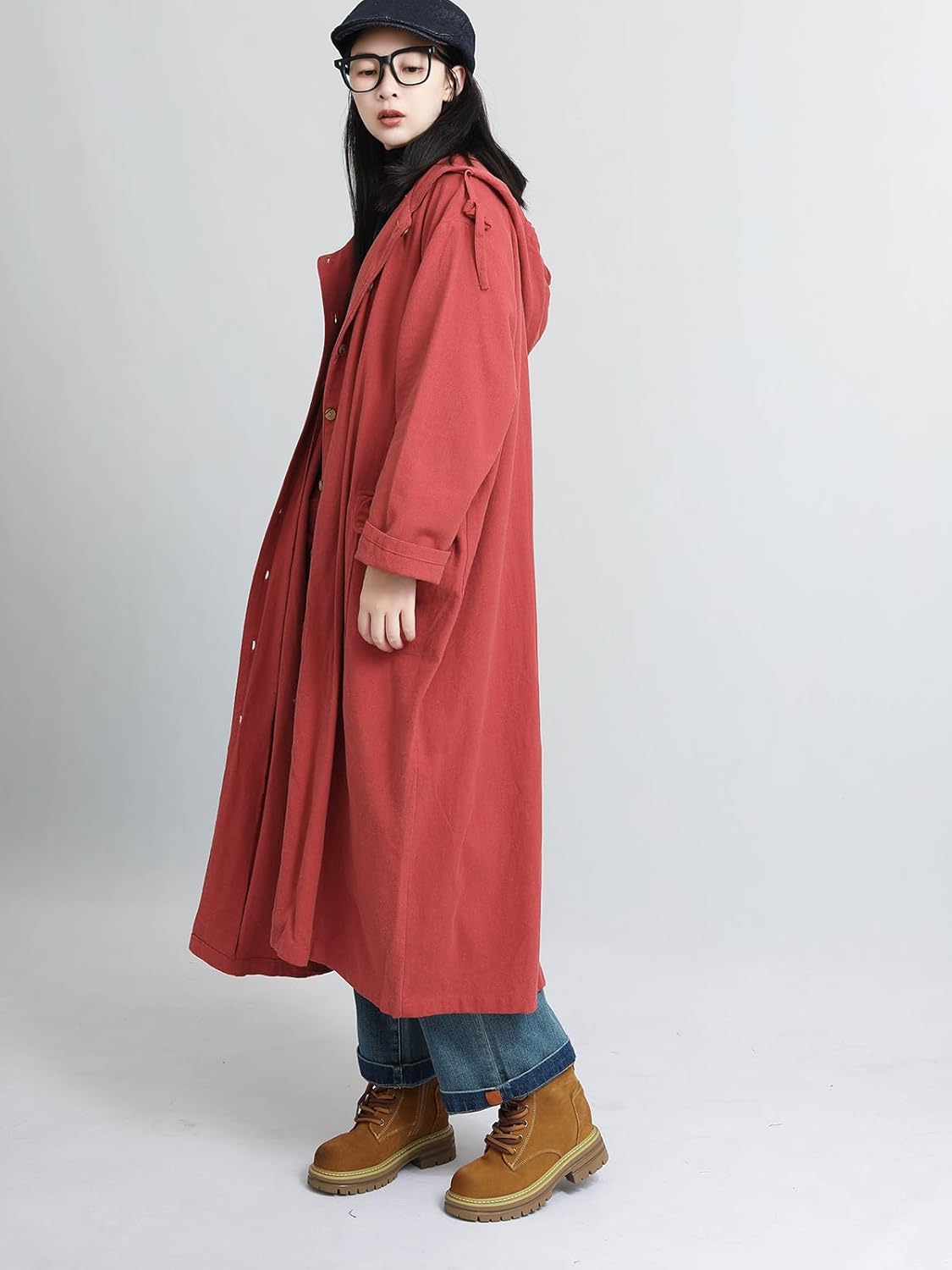 LZJN Women's 2025 Fall Hooded Trench Coat Cotton Blend Long Jacket Oversized Robe Plain Cloak with Pockets