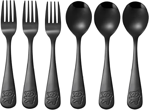 Pimoys 6 cubiertos para niños de acero inoxidable para niños y niños, tenedores y cucharas seguros para niños, juego de cubiertos de metal, oso