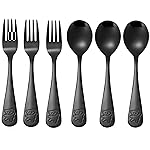 Pimoys 6 Pieces Kids Silverware Stainless Steel Toddler and Child Utensils, Childrens Safe Forks and Spoons Metal Cutlery Set, Engraved Bear, Black