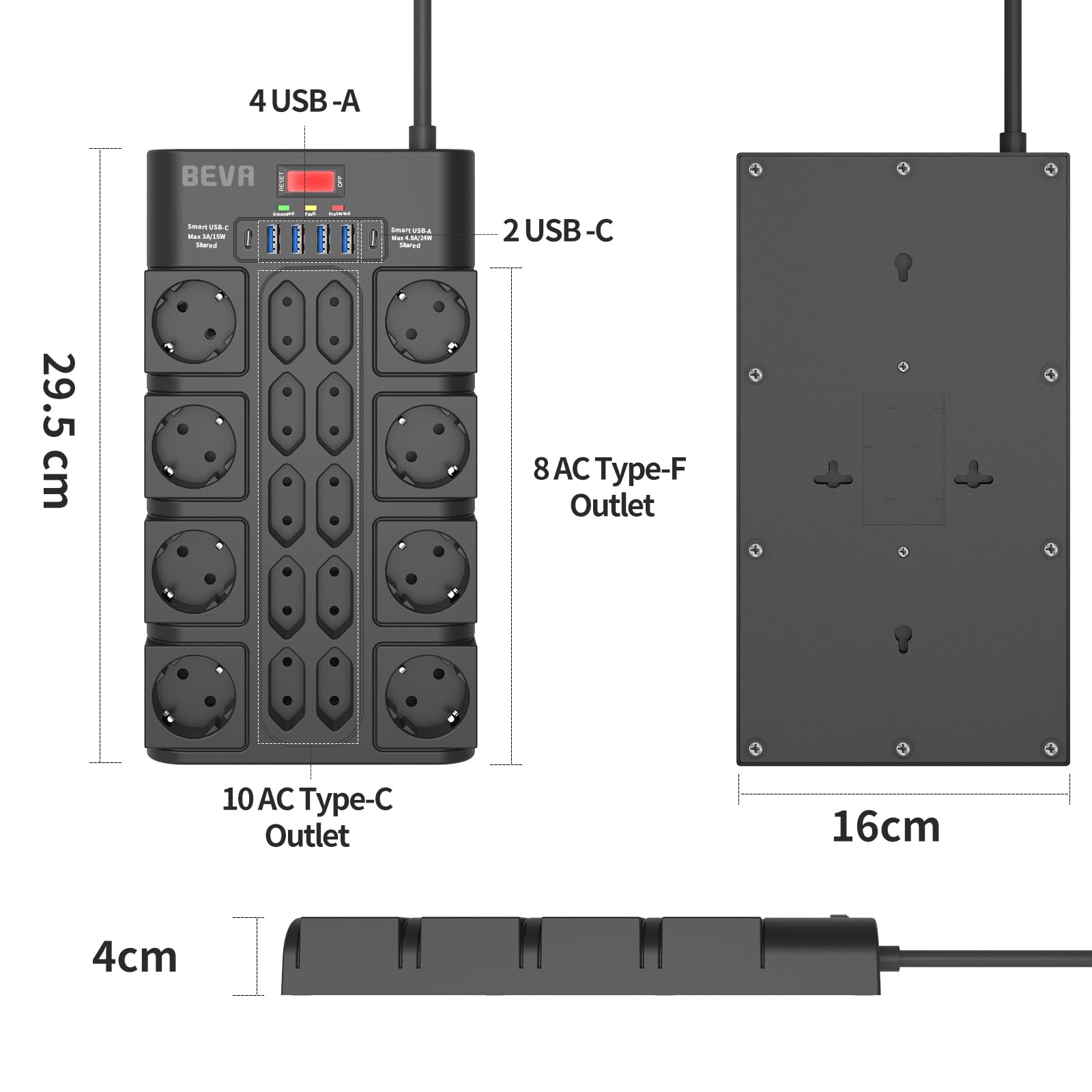 BEVA Regleta Enchufe con 2100J Protección Sobretensiones, Enchufe y 18 Toma | Regleta Multiple con 4 Puertos USB-A y 2 USB-C, Ladron Enchufe con Indicadores de Estado, 3680W/16A, 2M Cable