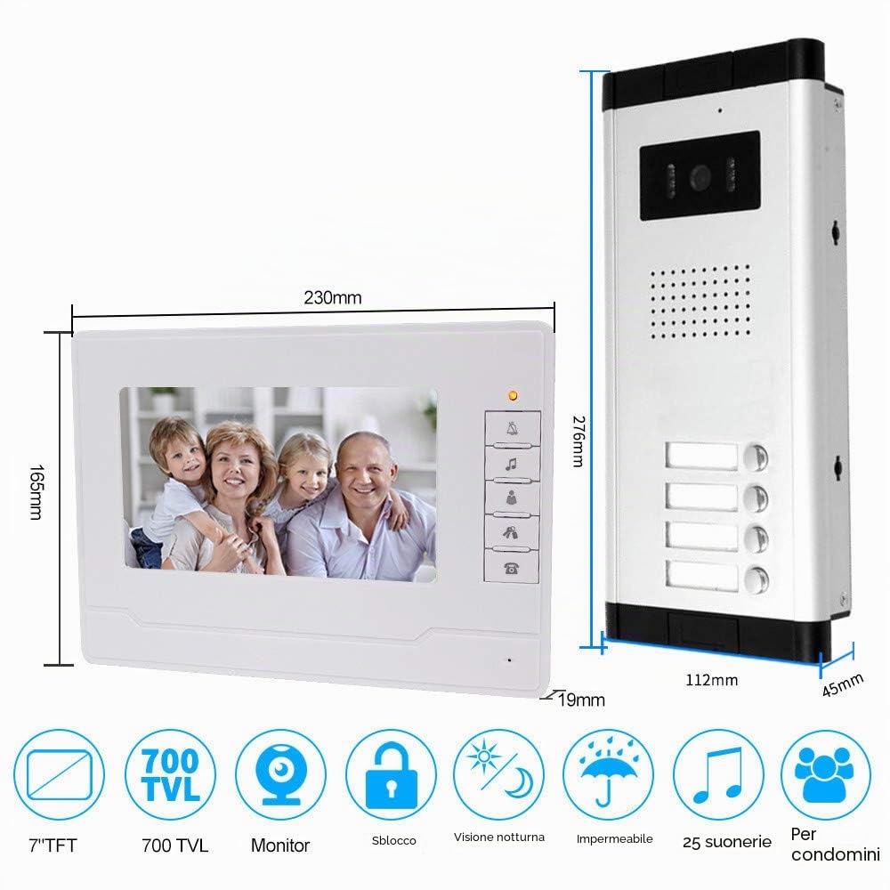 uoweky - Videocitofono cablato 7 TFT-LCD con videocitofono 4 monitor interni + telecamera di visione notturna IR 700TVL ad alta risoluzione per più appartamenti/famiglie