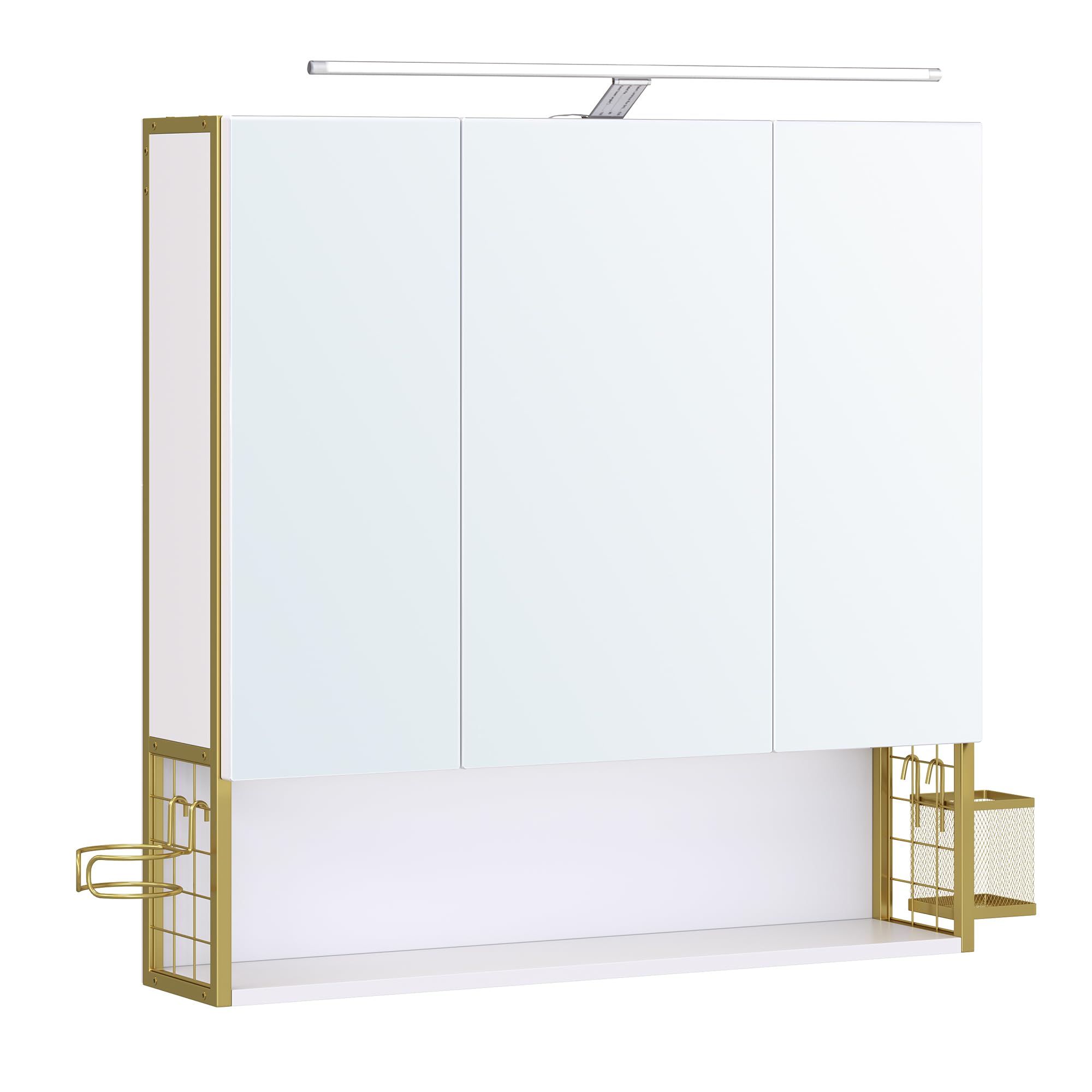 VASAGLE Armario de Baño con Espejo 3 Puertas, Mueble de Pared con Espejo, Enchufe, Cesta Colgante, Soporte para Secador de Pelo, para Baño, Lavabo, Blanco Nube y Verde Claro Dorado BBK124A10