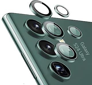 واقي عدسة كاميرا لموبايل سامسونج جالاكسي S24 الترا فردي من الزجاج المقوى رفيع للغاية مقاوم مع غطاء حلقي الألومنيوم مناسب S24 المعز لون أخضر