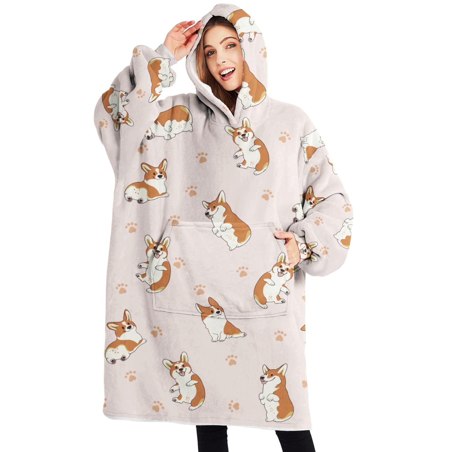 FleedyWearable Blanket Hoodie for Women Men, Oversized Sweatshirt Blanket Jacket Sherpa All Patterns for Adults with Pockets, Corgi, Adult