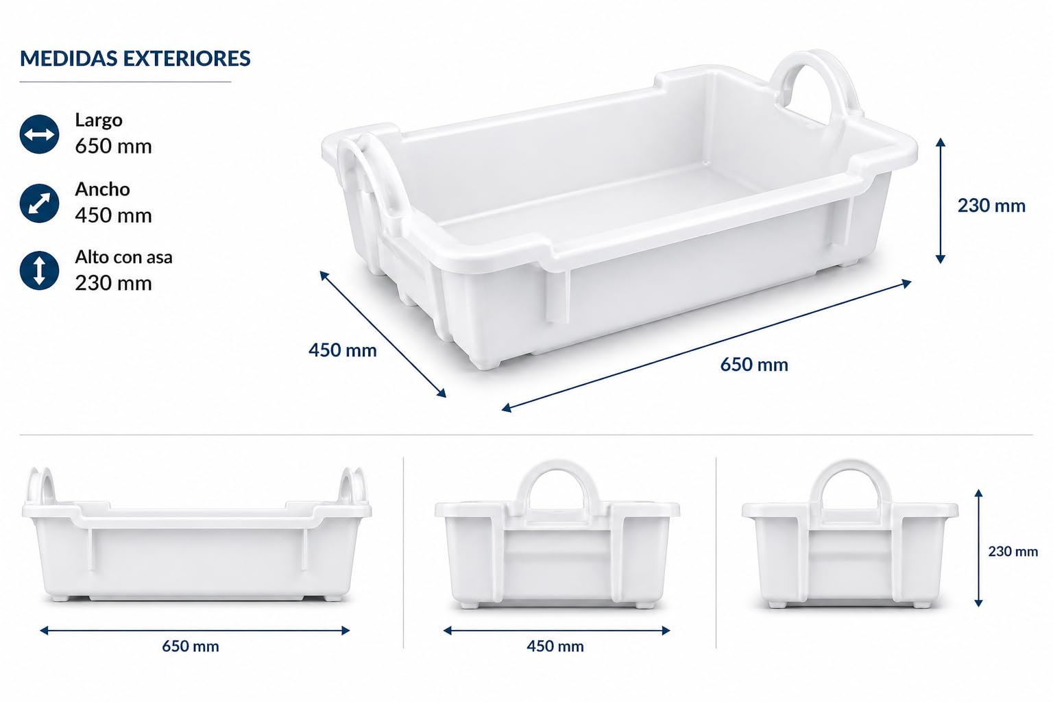 Cubeta plastico Apilable 20L | Caja Plastico Almacenaje Resistente y Ergonómica, Polietileno, 650x450x230mm | Uso Alimentario y Industrial | Fácil Limpieza y Ahorro de Espacio
