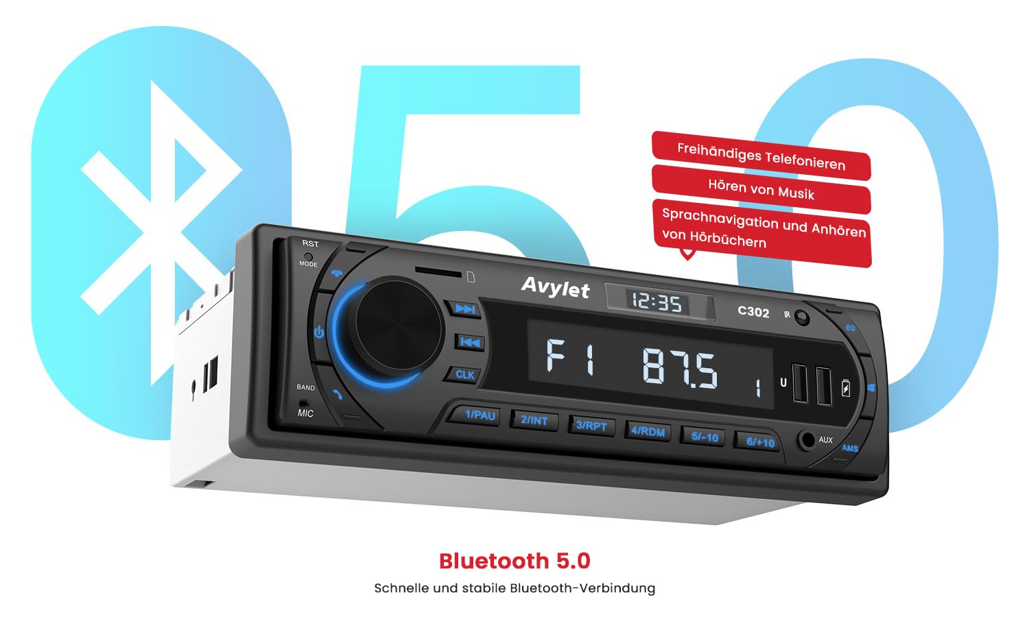 Autoradio Bluetooth 5.0 Vivavoce FM/AM, Avylet Radio Stereo 1 DIN, Supporta Basso Profondo/Luce a 7 colori/Chiamata a mani libere/AUX-IN/CARD/Chiavetta USB, Telecomando, 60W X 4, Ricarica rapida