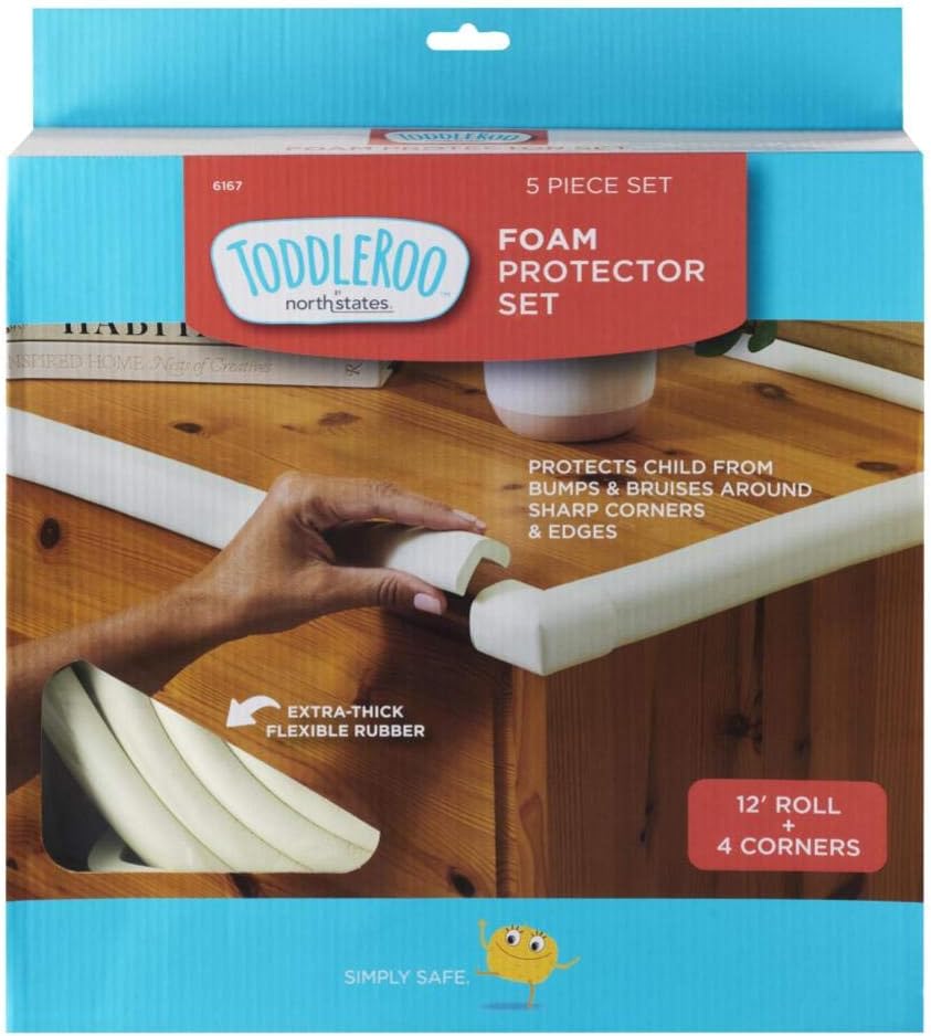 Toddleroo by North States - Foam Edge Protector Set for Baby Proofing: Furniture Corner & Edge Safety Bumpers - 12 Foot Roll of Padding & 4 Corner Protectors - 5 Piece Set - White