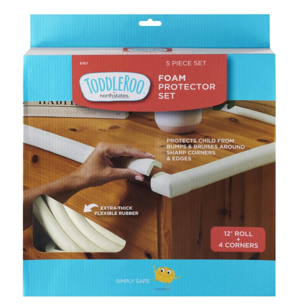 Toddleroo by North States - Foam Edge Protector Set for Baby Proofing: Furniture Corner &amp; Edge Safety Bumpers - 12 Foot Roll of Padding &amp; 4 Corner Protectors - 5 Piece Set - White