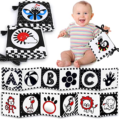 Image of Jefshon Black and White Baby Toys 0-6 Months, Montessori Tummy Time Toys for Babies 0-3 Months,2 Packs High Contrast Infant Soft Book with Mirror - Newborn Toys Boys Girls Baby Gifts