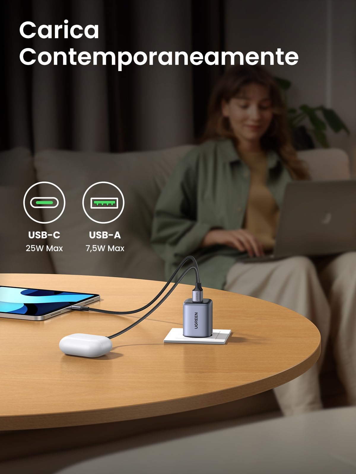 UGREEN Nexode 35W Caricatore USB C GaN, Caricabatterie Type A 22.5W Compatibile con Galaxy S24 Ultra/ S23/ S22 Plus/ S21, Pixel 8 7 6, iPhone 16/15/14/13, iPad Pro/Air/Mini, MacBook M2 Nero