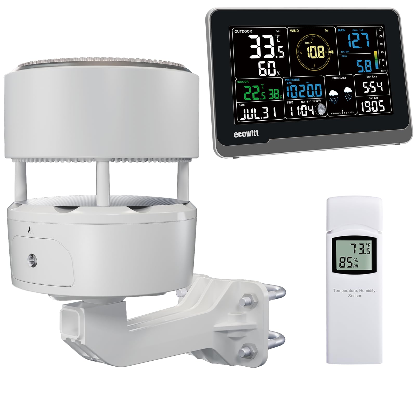 Ecowitt - Estación meteorológica wifi WS3902, pantalla LCD, 7,5”, para uso doméstico, sensor meteorológico inalámbrico WS85 3 en 1 con panel solar y un sensor de temperatura y humedad exterior WN32 WS3902: pantalla a color de 7,5 pulgadas WS85+7,5