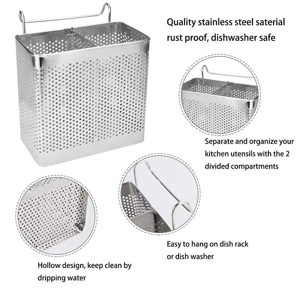 Scolaposate da Cucina, Cestello per Posate, Organizzatori Porta Spugne, Portaposate Scolaposate in Acciaio Inox, con 2 Scomparti, per Posate e Utensili da Cucina (A)