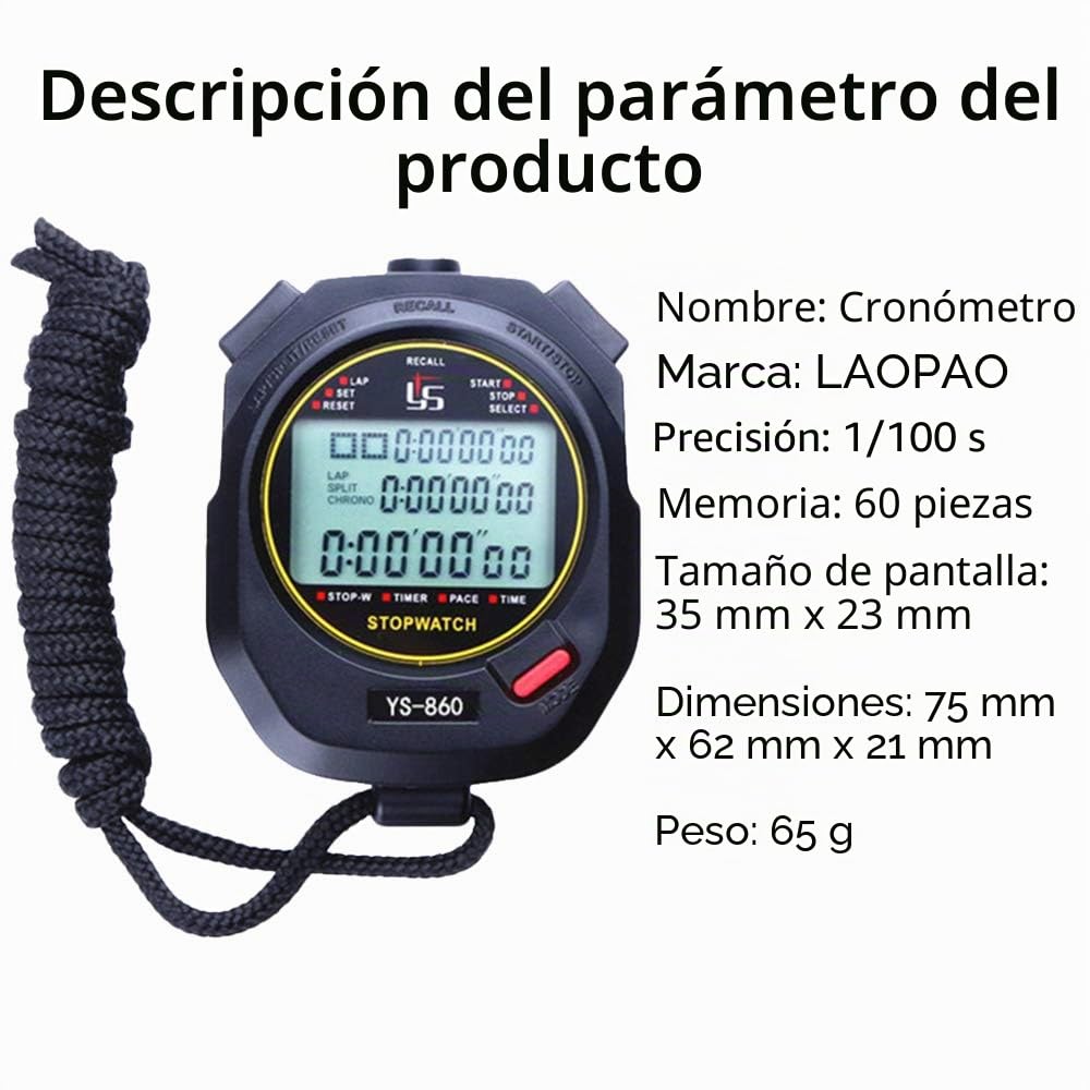 Cronómetro Deportes cronómetro Profesional Digital portátil 0.01 Segundo 60 Memoria Impermeable Cronómetro para Deportes al Aire Libre… Ys-860