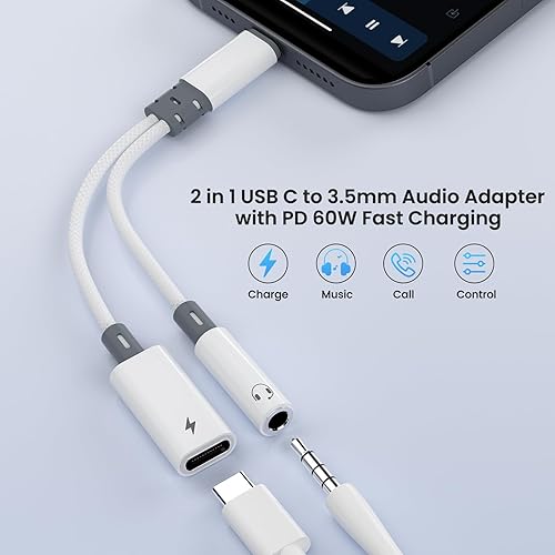Miniatura 3 de Adaptador de auriculares USB C 2 en 1 con adaptador de carga PD de 60 W, compatible con Galaxy S23 UltraS23S22S22+S21S20FEA53Note 10+, Google Pixel