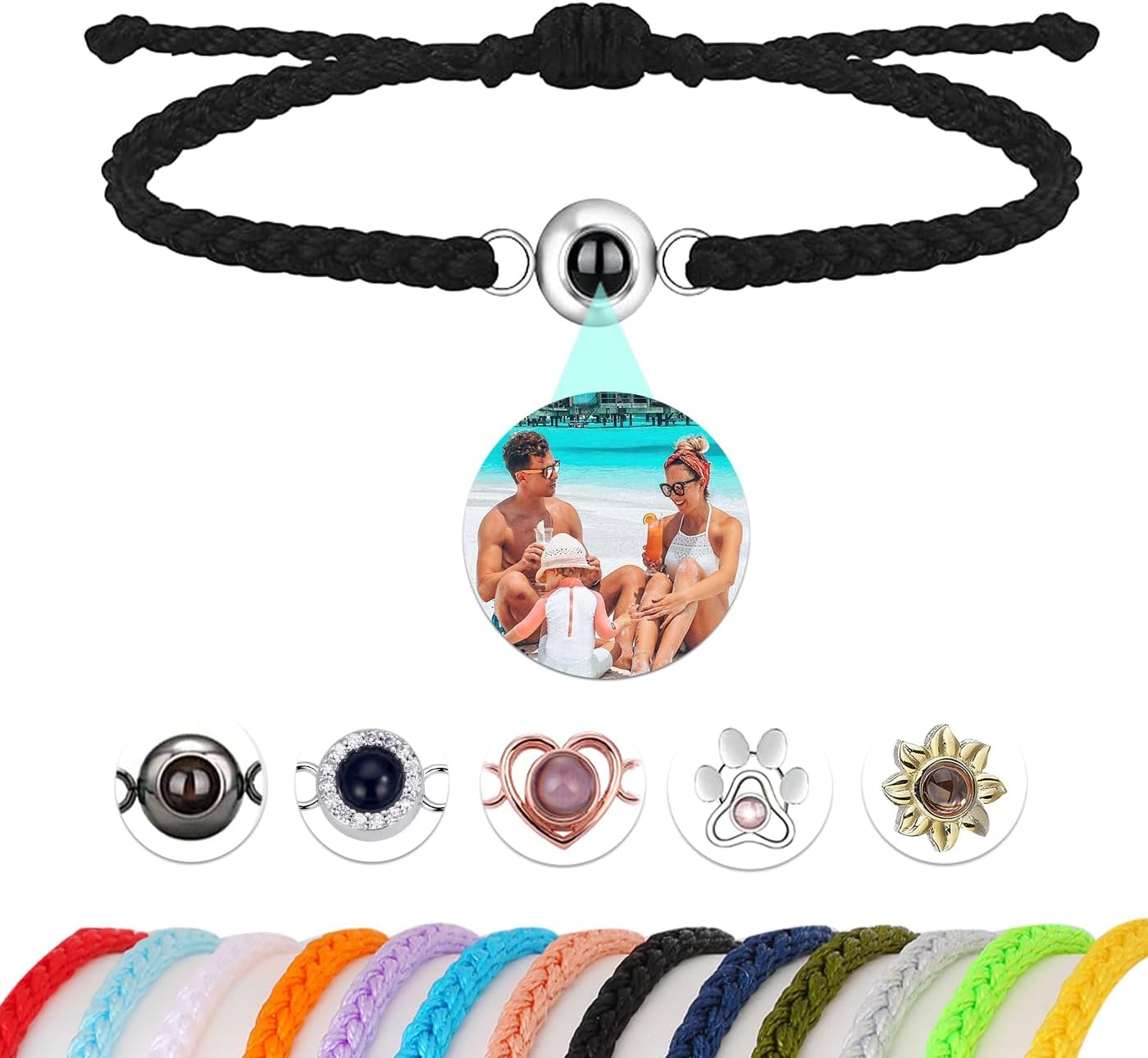 YRH Custom Photo Bracelet with Picture Inside,Projection Picture Bracelet,Gifts Memorial for Women/Men/Family/Friend/Loved,Own Matching (Rope Color/Bead Accessory/Inside Photo Template/Box)