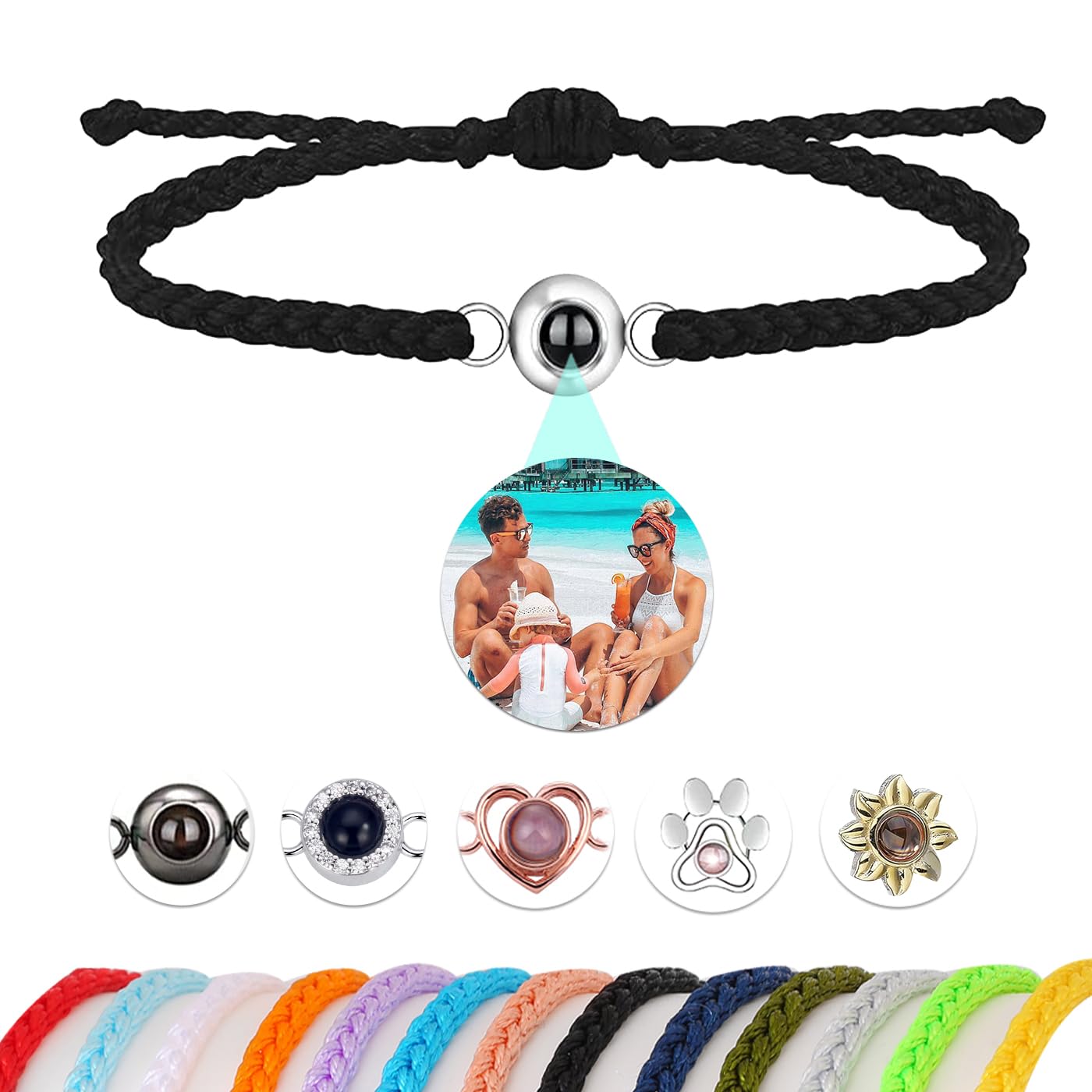 Custom Photo Bracelet with Picture Inside,Projection Picture Bracelet,Gifts Memorial for Women/Men/Family/Friend/Loved,Own Matching (Rope Color/Bead Accessory/Inside Photo Template/Box)