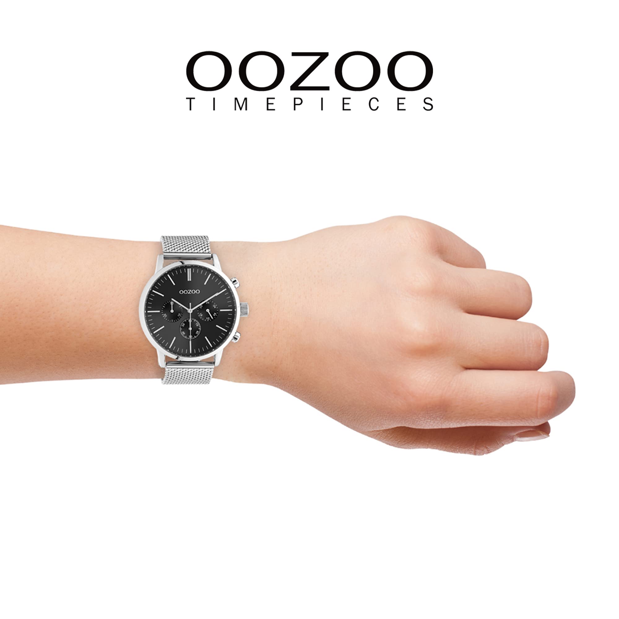 OOZOO Timepieces Orologio da uomo – Orologio da polso da uomo con cinturino in rete da 22 mm – analogico da uomo con cinturino in maglia milanese rotondo, argento/nero., Bracciale