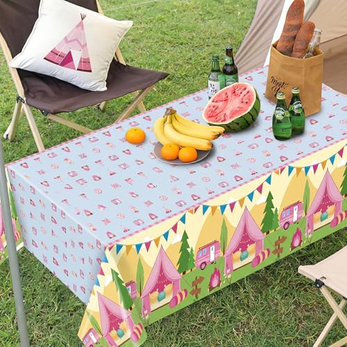 Image of Table Cover Party Decor - 3 Pack Pink Camping Themed Disposable Plastic Rectangle Table Cloths Birthday School Christmas Holiday Party Favors Classroom Decoration Supplies Games Activities