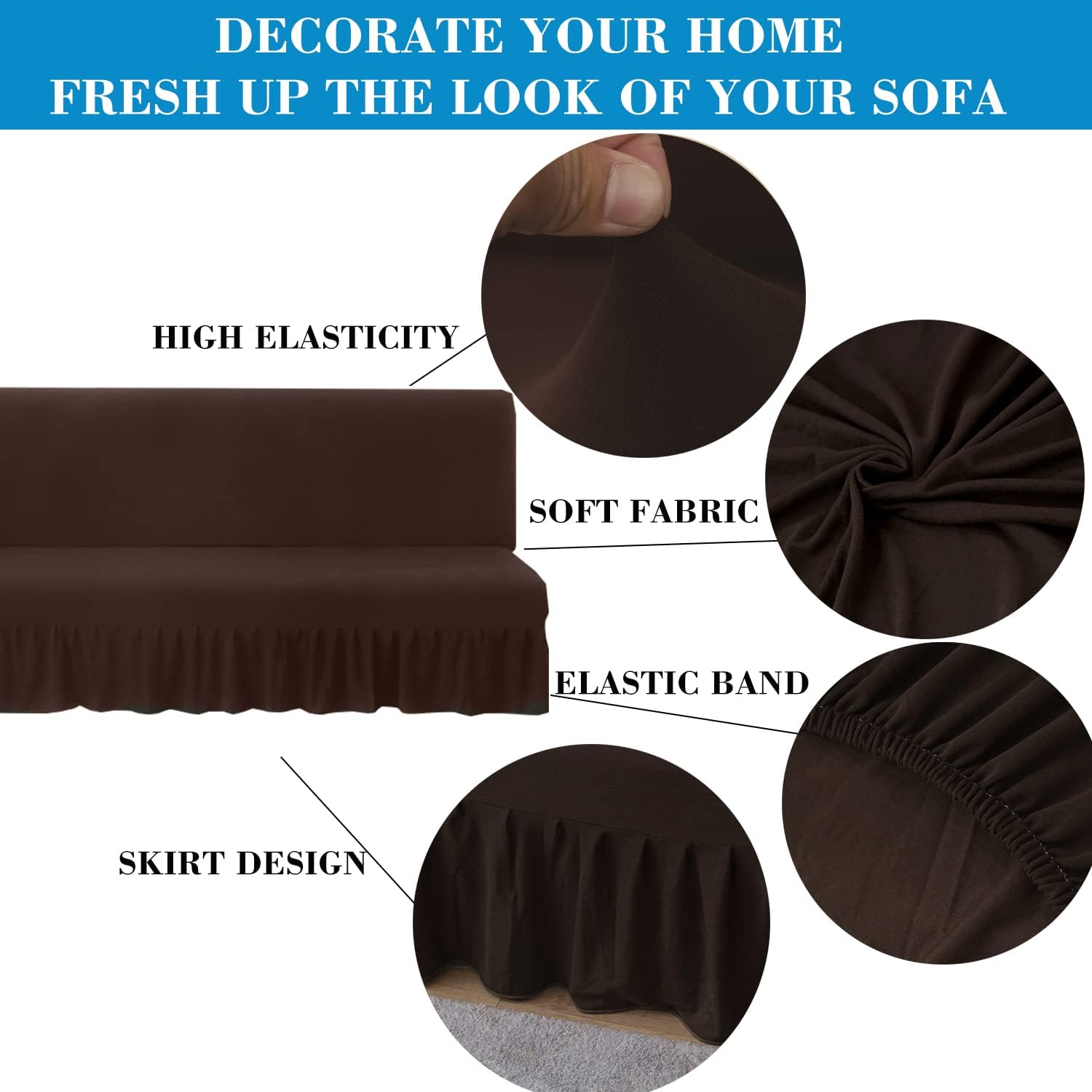 Futon Cover-Stretch Armless Futon Covers Full Size With Skirt Ruffled Futon Sofa Cover Washable Folding Sofa Bed Cover Soft Futon Couch Cover Slipcover With Elastic Bottom For Kids,Pets(Coffee)
