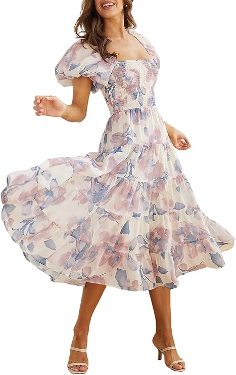 Sissyaki Women's Summer Boho Floral Print Midi Dress Square Neck Tiered Flowy Beach Long Dress