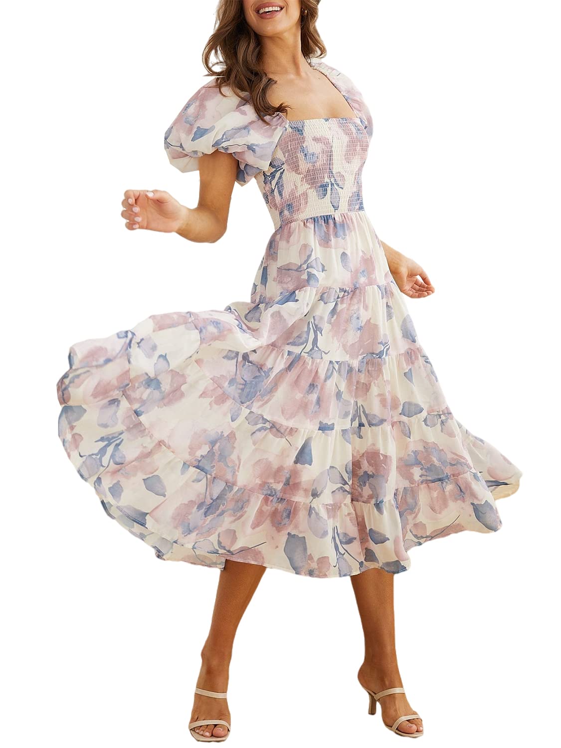 Blooming Blue Boho Floral Print Midi Dress