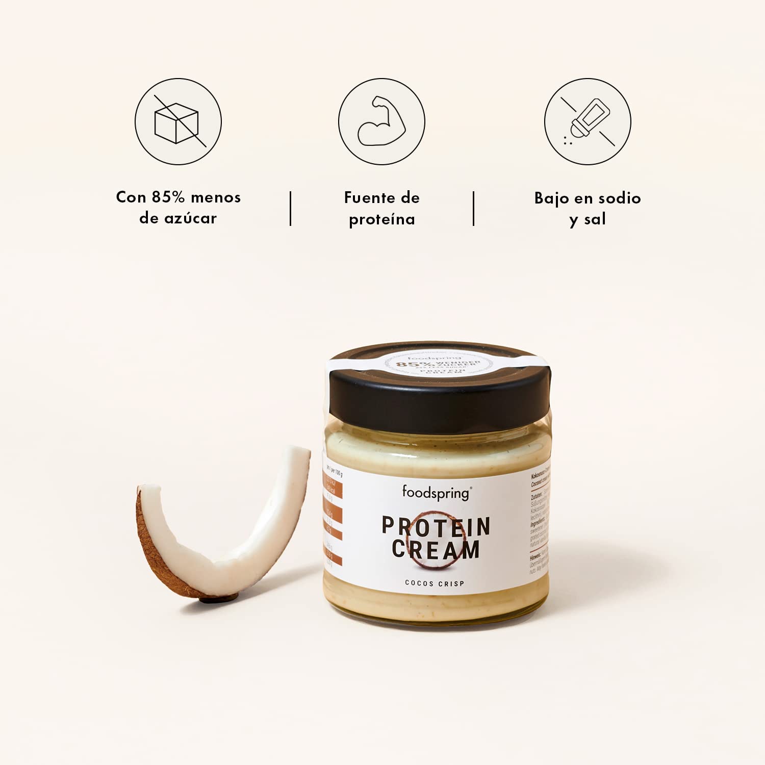 foodspring Crema Proteica, Coco, Pack de 3 x 200g, Extremadamente cremosa, Con 85% menos de azúcar