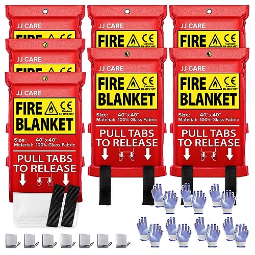 JJ CARE Fire Blanket – 7 Packs with Hooks and Gloves – 40” x 40” Fire Blankets Emergency for Home and Kitchen, High Heat Resistant and Flame Protection for Kitchen, Car, Office, Camping & Home Safety