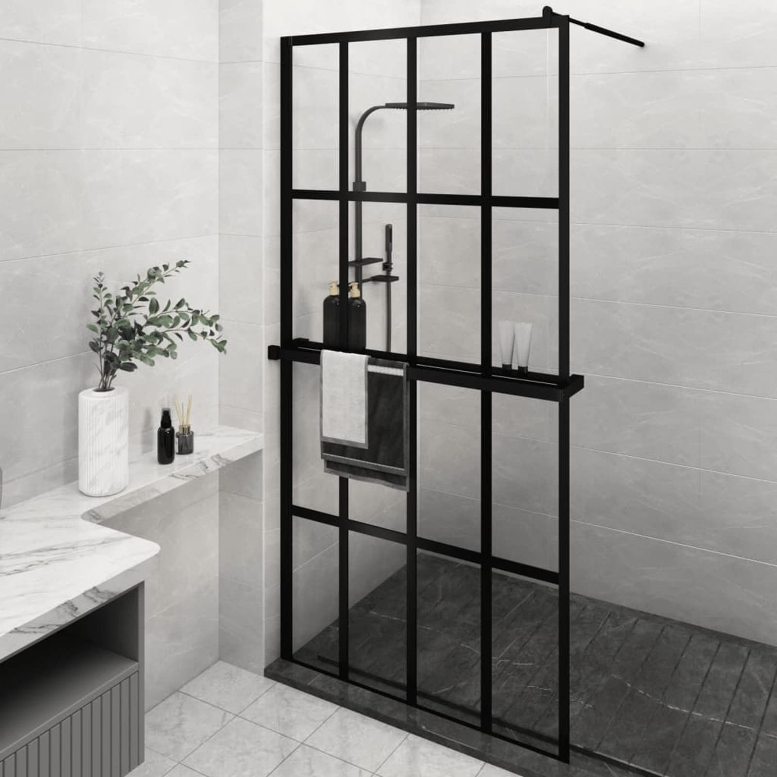 Mampara Ducha con Estante Vidrio ESG y Aluminio Negro 118x190cm, Mampara Bañera, Mampara Baño Ducha, Cabina De Ducha, Mampara Baño - 3185486