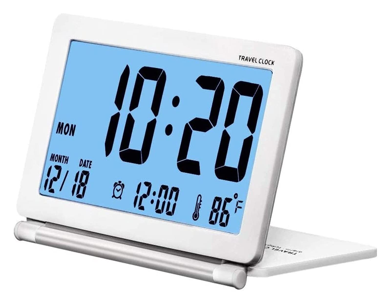 Reloj de alarma de viaje digital con fecha y temperatura en funda de cuero