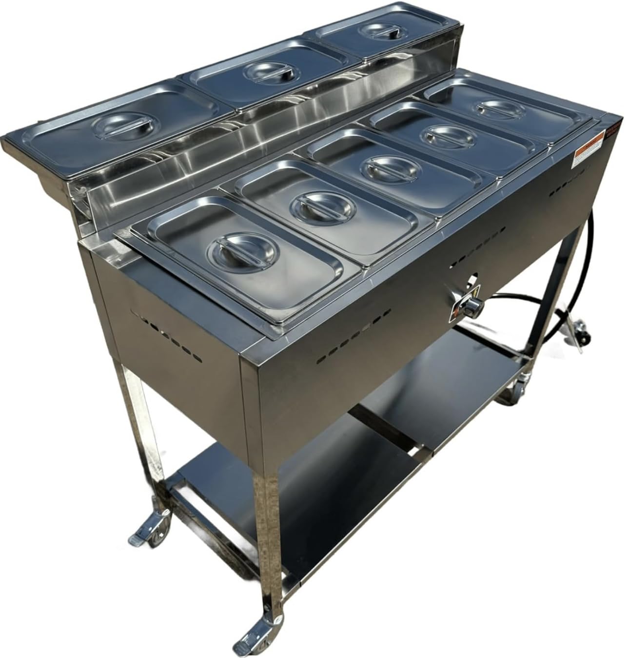 Gas Shark 5 Pan Outdoor Steam Table Food Warmer Cart | Propane | 3 Condiment Containers | Total 8 Standard 1/3 Pans (12