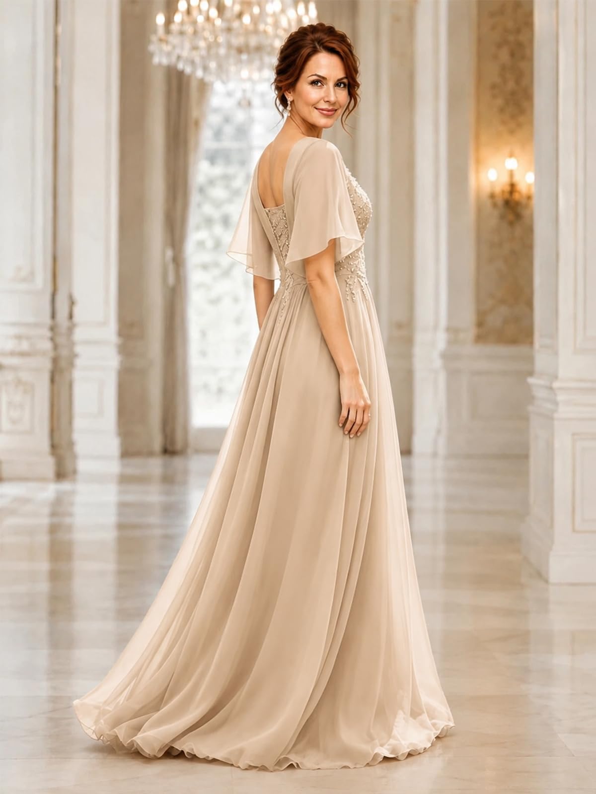 Chiffon Brautmutterkleider mit Spitze lang A-Linie Kurze Ärmel Elegant formelle Abendkleider für Hochzeiten