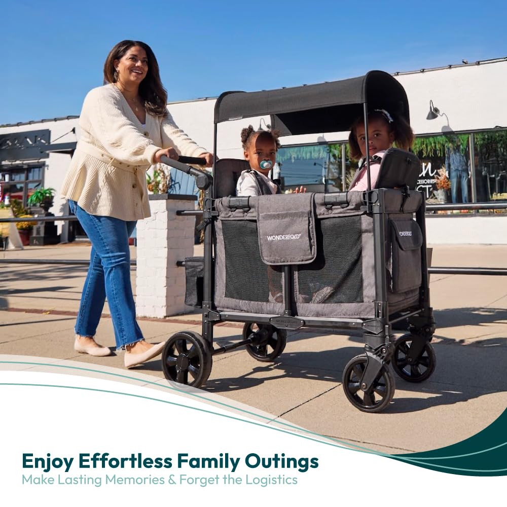 WONDERFOLD W2 Elite Pro Stroller Wagon (2 Seater) - Collapsible Wagon Stroller with Seats with 5-Point Harnesses, Adjustable Push Handle, and Adjustable Sun Canopy, Charcoal Gray