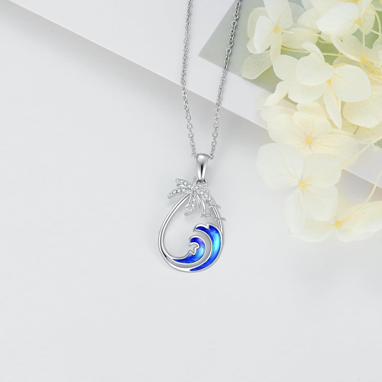 Diamond Palm Tree Necklace for Women 925 Sterling Silver Palm Tree Pendant Necklace with Waves and Seagulls Summer Beach Jewelry Gifts - Image 3